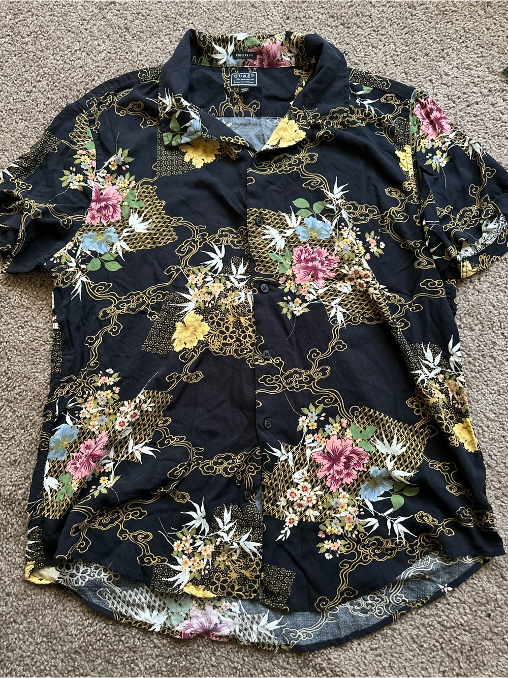 Guess Floral Button-Down Shirt in Black with Yellow, Pink, Blue & Green Accents